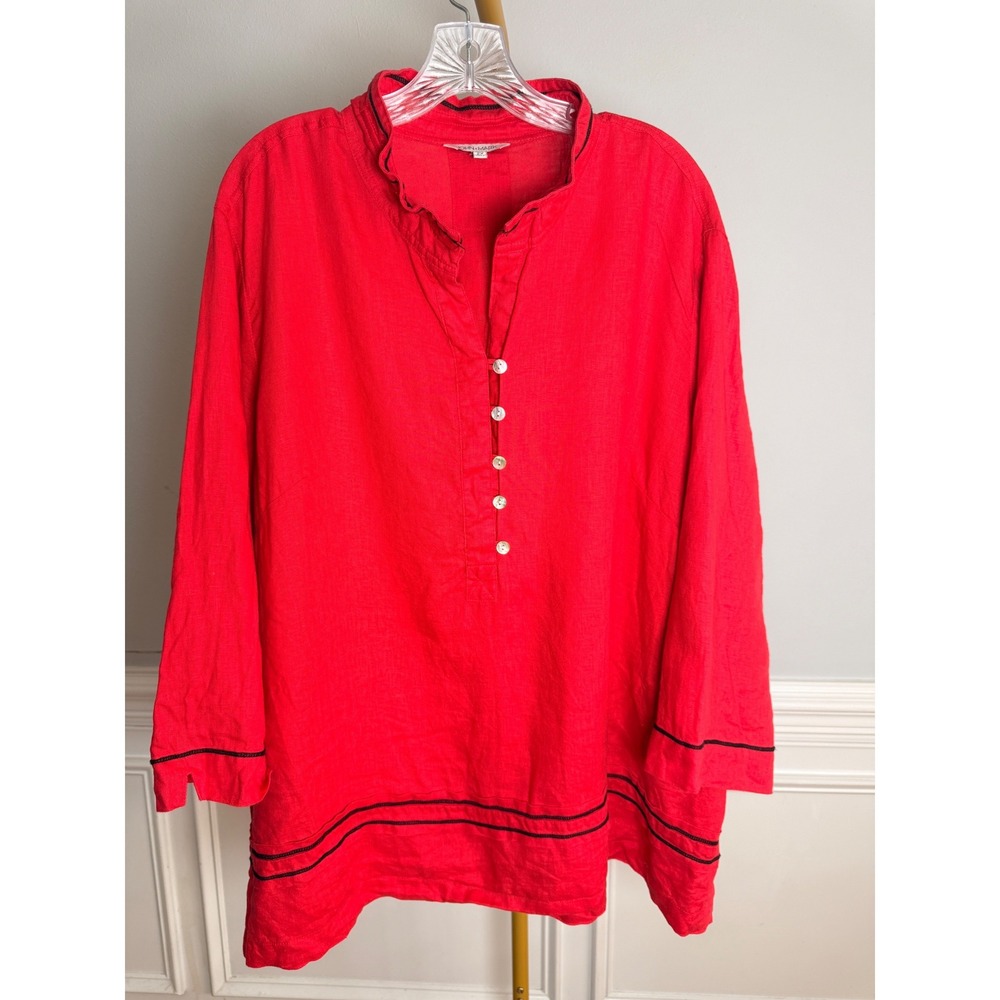 John Mark Tunic Women 2X Red Linen Henley Ruffle Collar 3/4 Sleeve Top